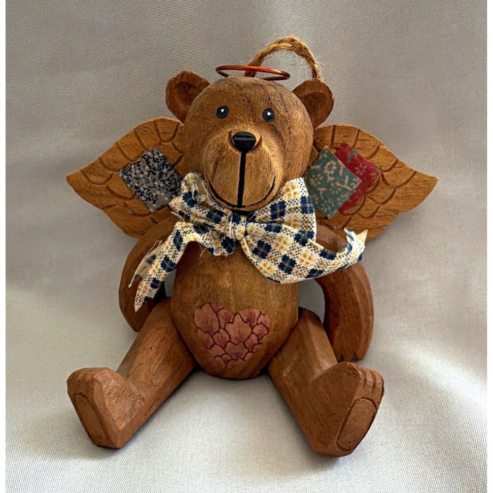Vintage Wooden Bear Angel Hanging Figurine, Brown, Small 6in, Fabric Bow